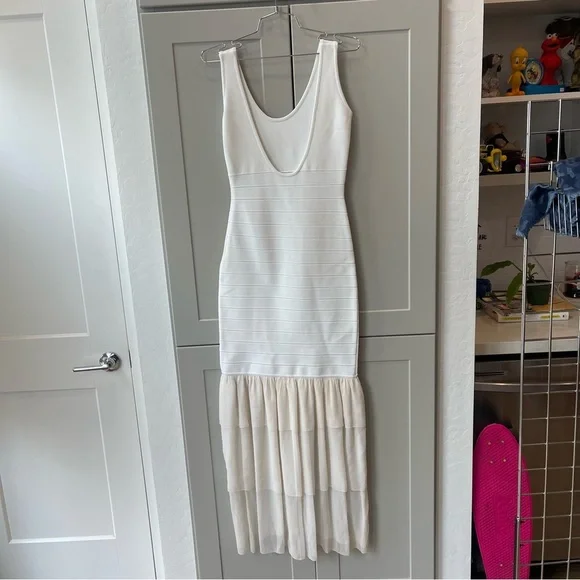 Herve Leger Paris White Bandage Silk Ruffle Trim Formal Cocktail Dress Small - Picture 5 of 11